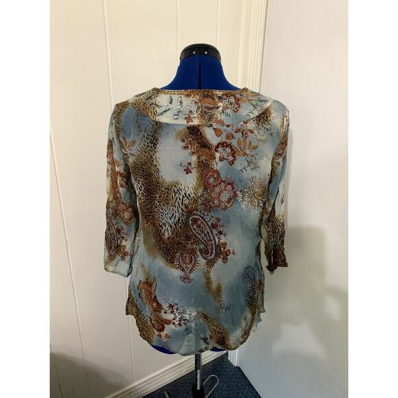 Chico's Silk Sheer Embroidered Animal Print Women's Size 1/M 3/4 Sleeve Shirt - Picture 3 of 8